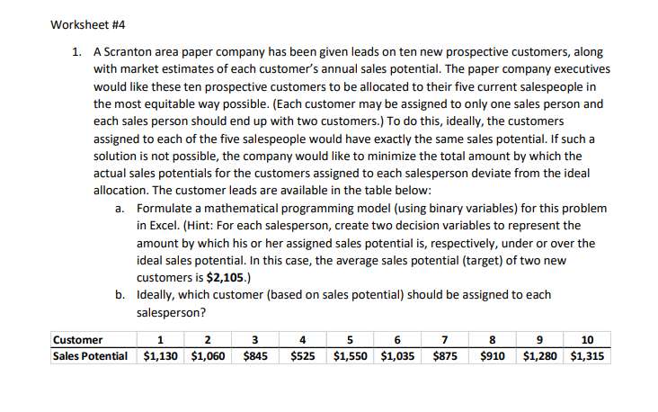 Worksheet #4 1. A Scranton area pa per company