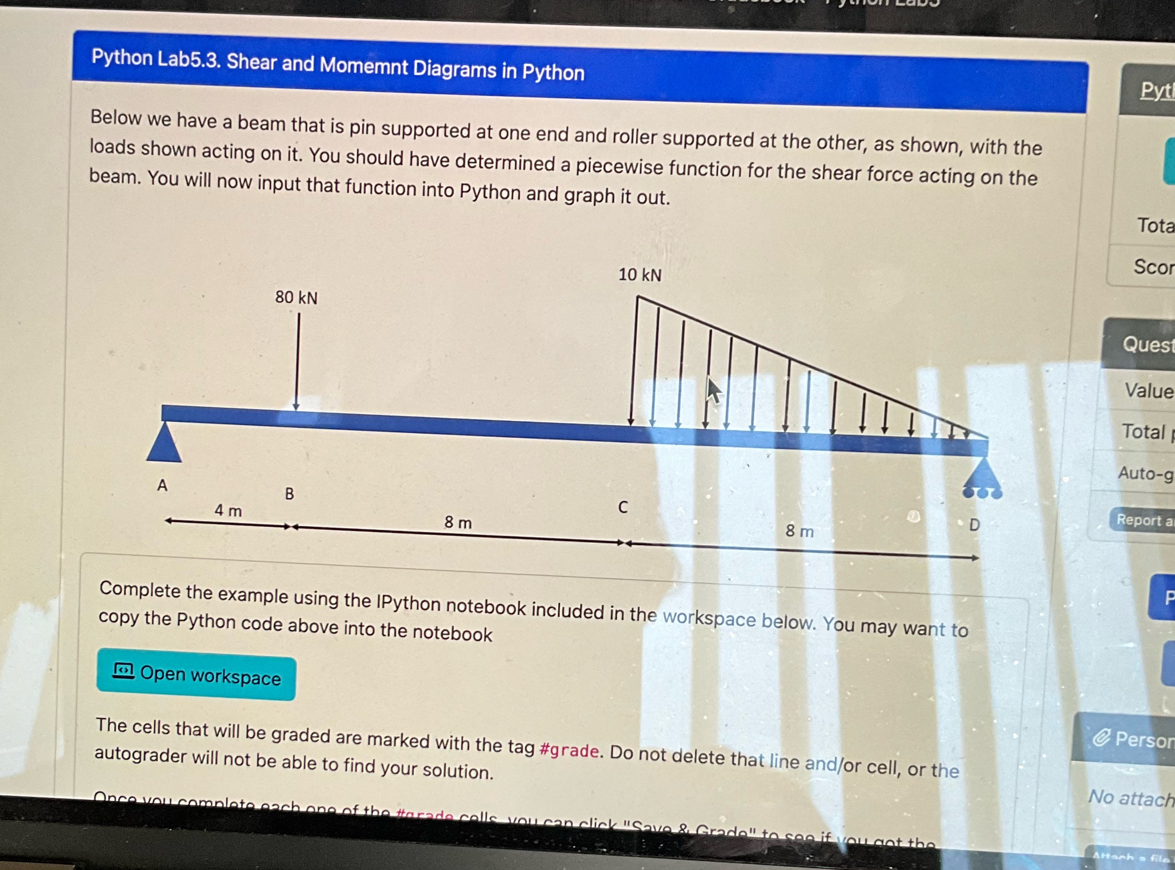 Python Lab5.3. Shear and Momemnt Diagrams in