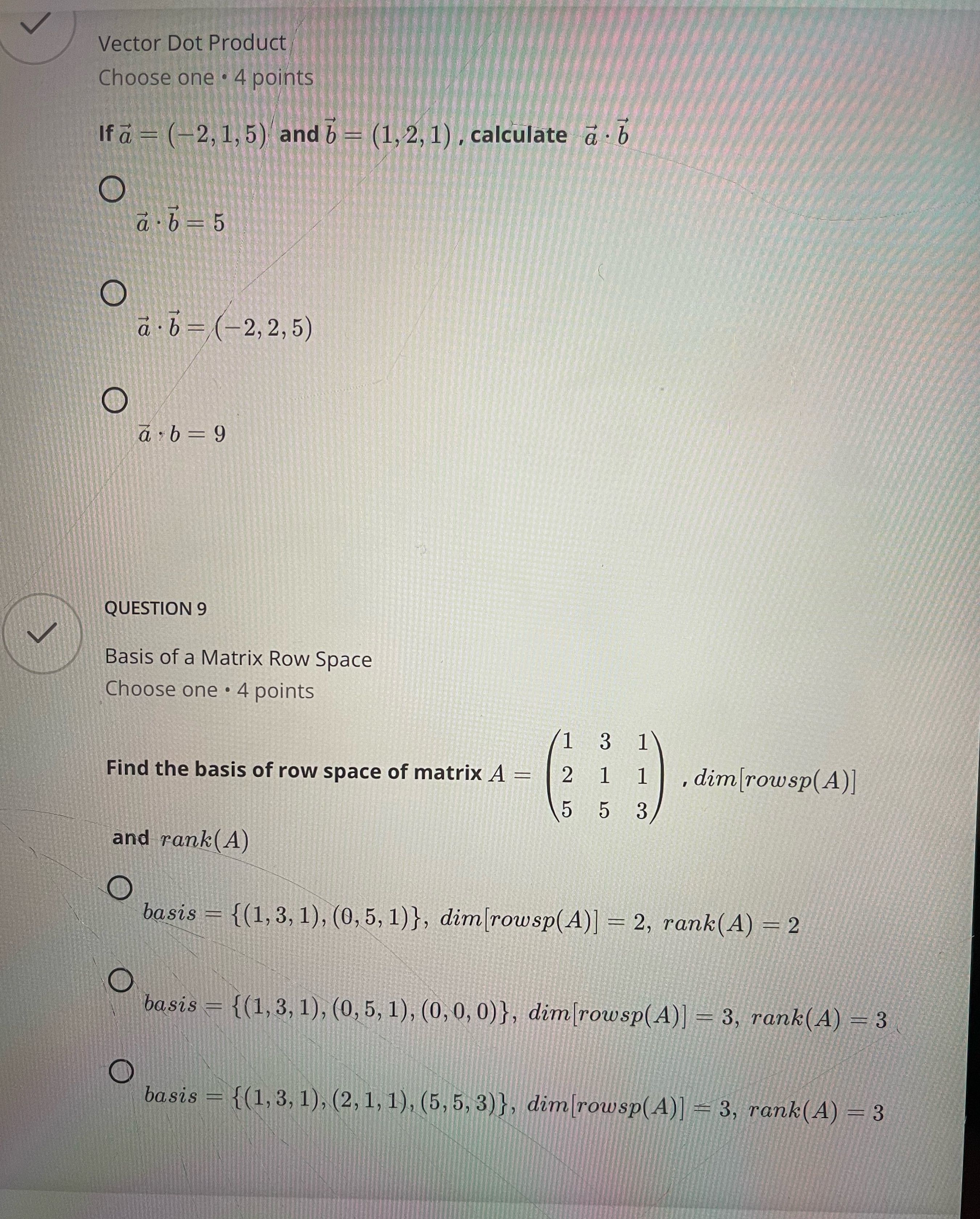 Vector Dot Product Choose one . 4 points If a =