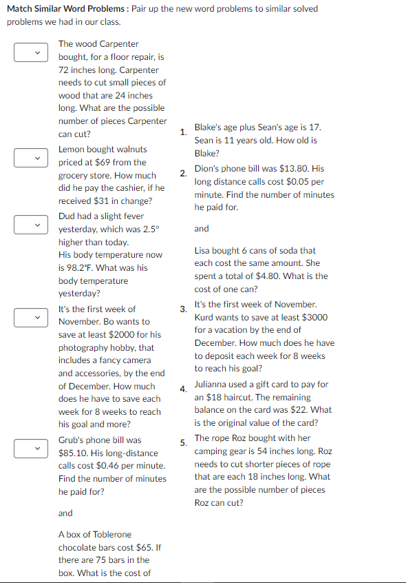 Match Similar Word Problems : Pair up the new