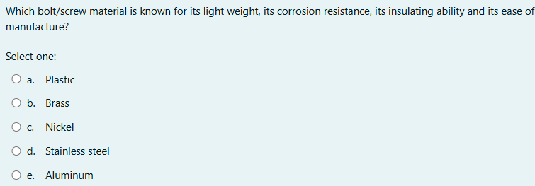 answer Which bolt/screw material is known for its