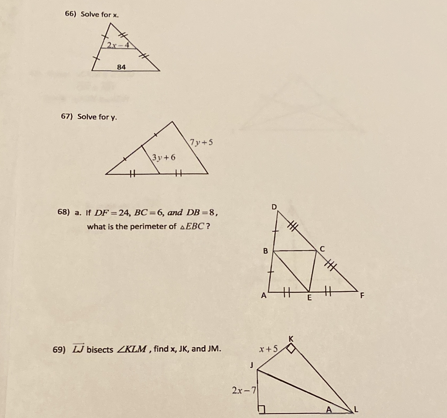 66) Solve for x. 84 67) Solve for y. 71+ 5 31 +6