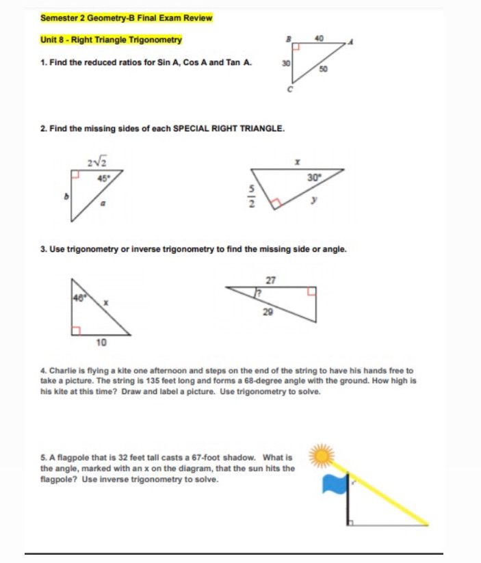 Solve with show work Semester 2 Geometry-B Final