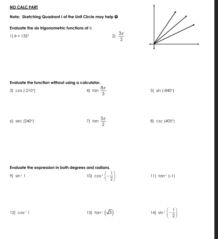 NO CALC PART Note: Sketching Quadrant I of the