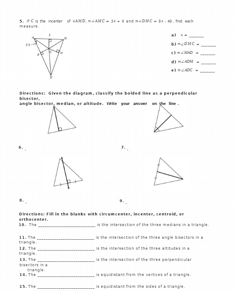 5. If C is the incenter of AAMD, m ZAMC = 3x + 6