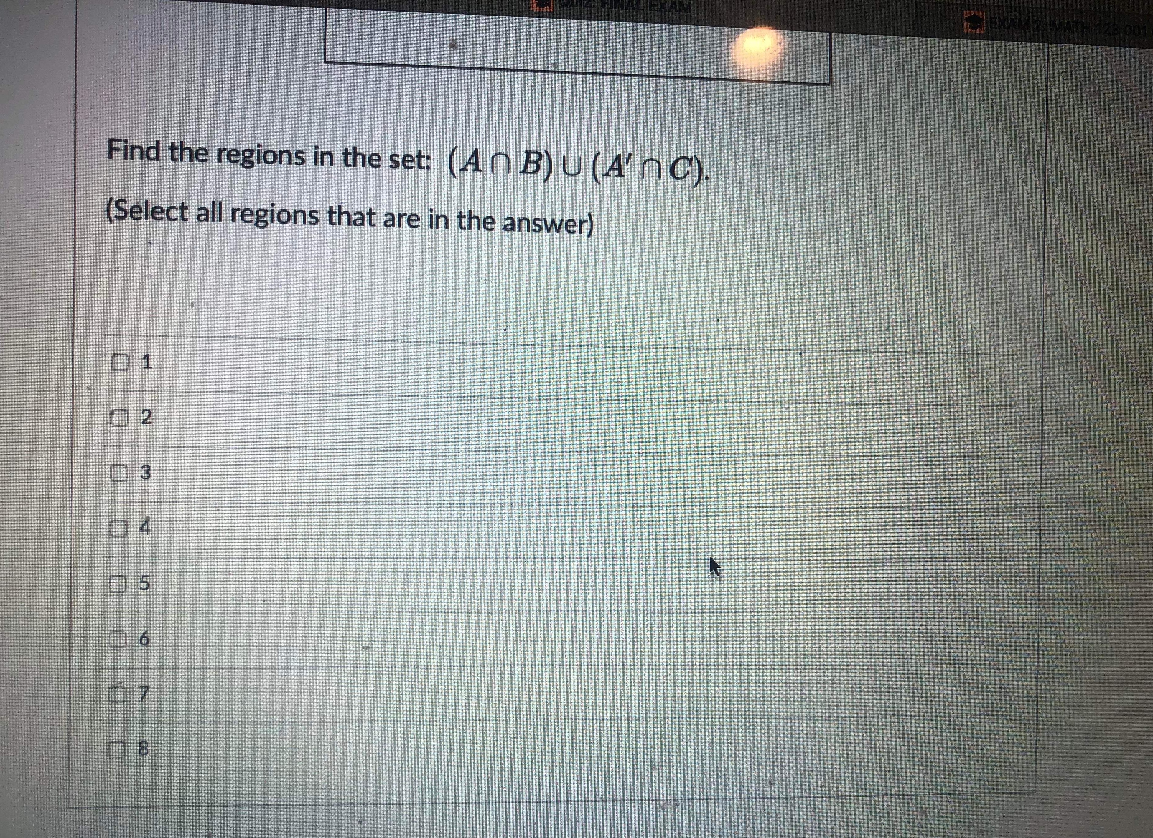 Find the regions in the set: (An B) U (A'n