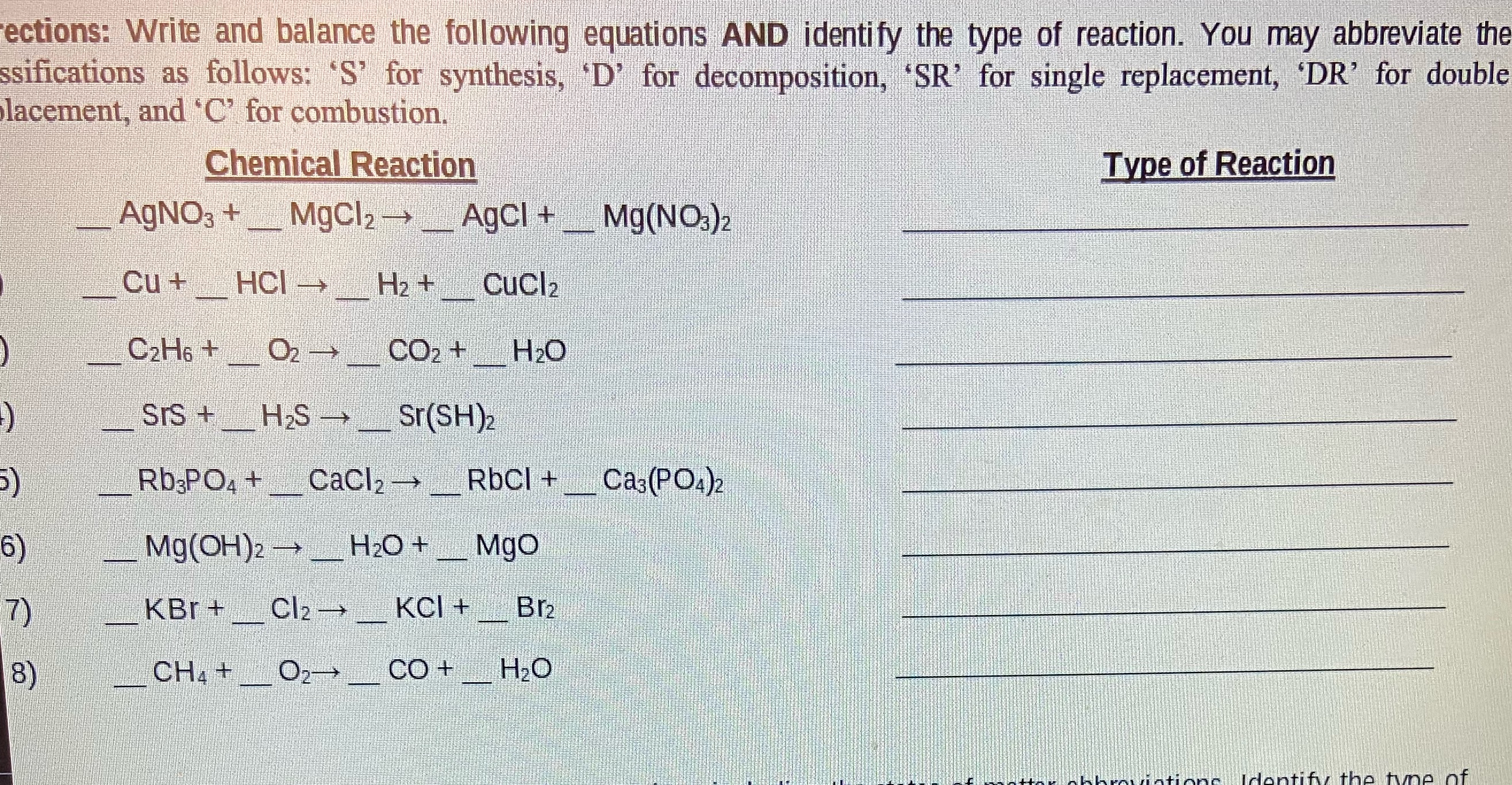 Balance the following reactions including states