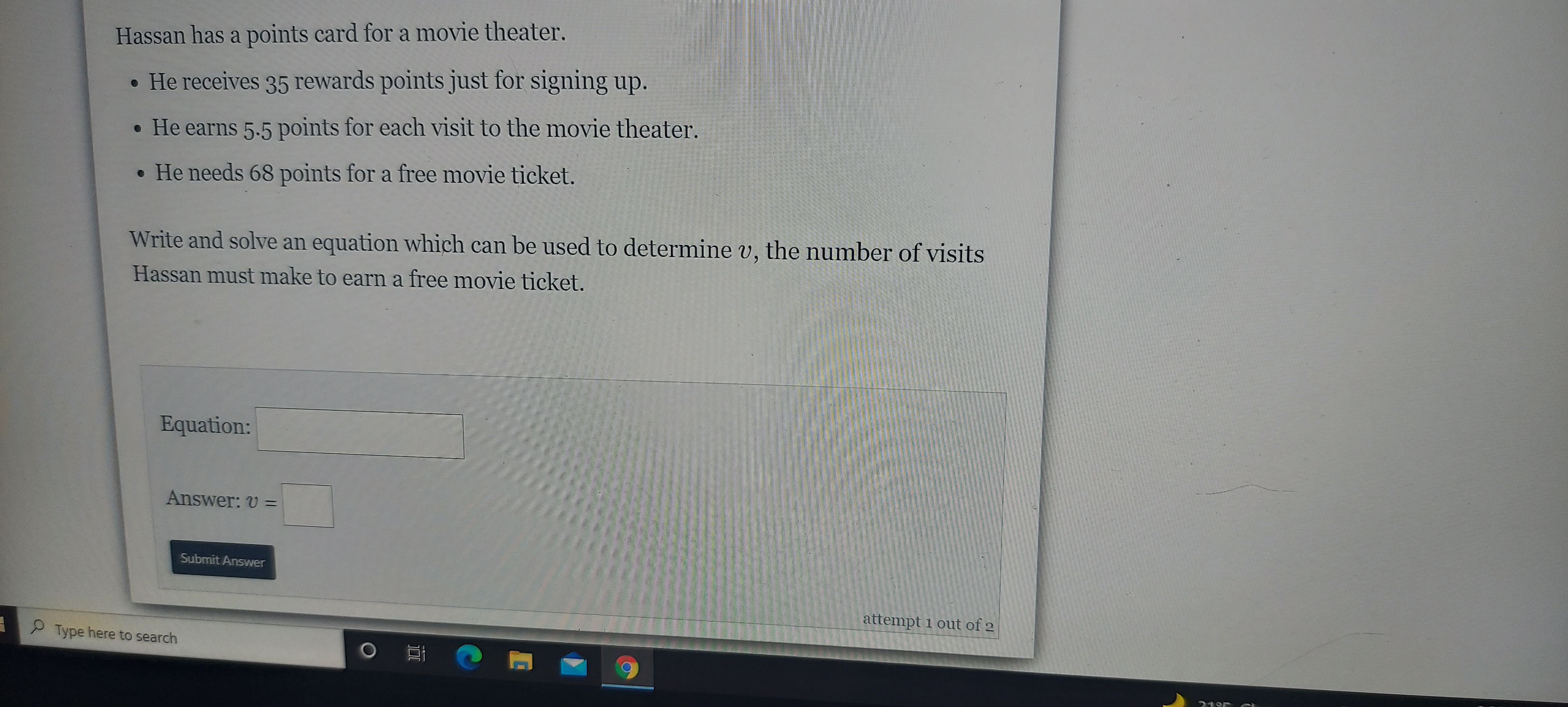 Hassan has a points card for a movie theater. .