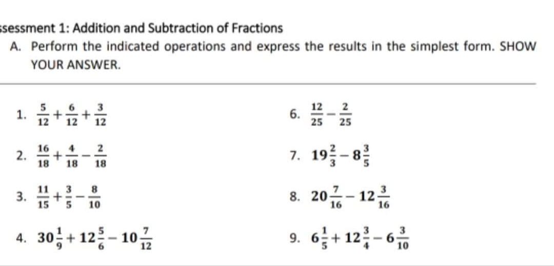 sessment 1: Addition and Subtraction of Fractions