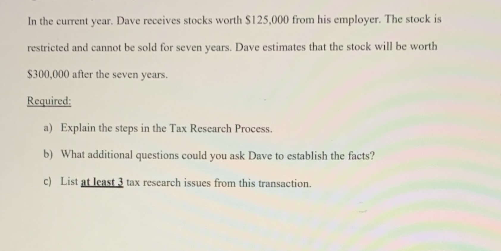 In the current year. Dave receives stocks worth