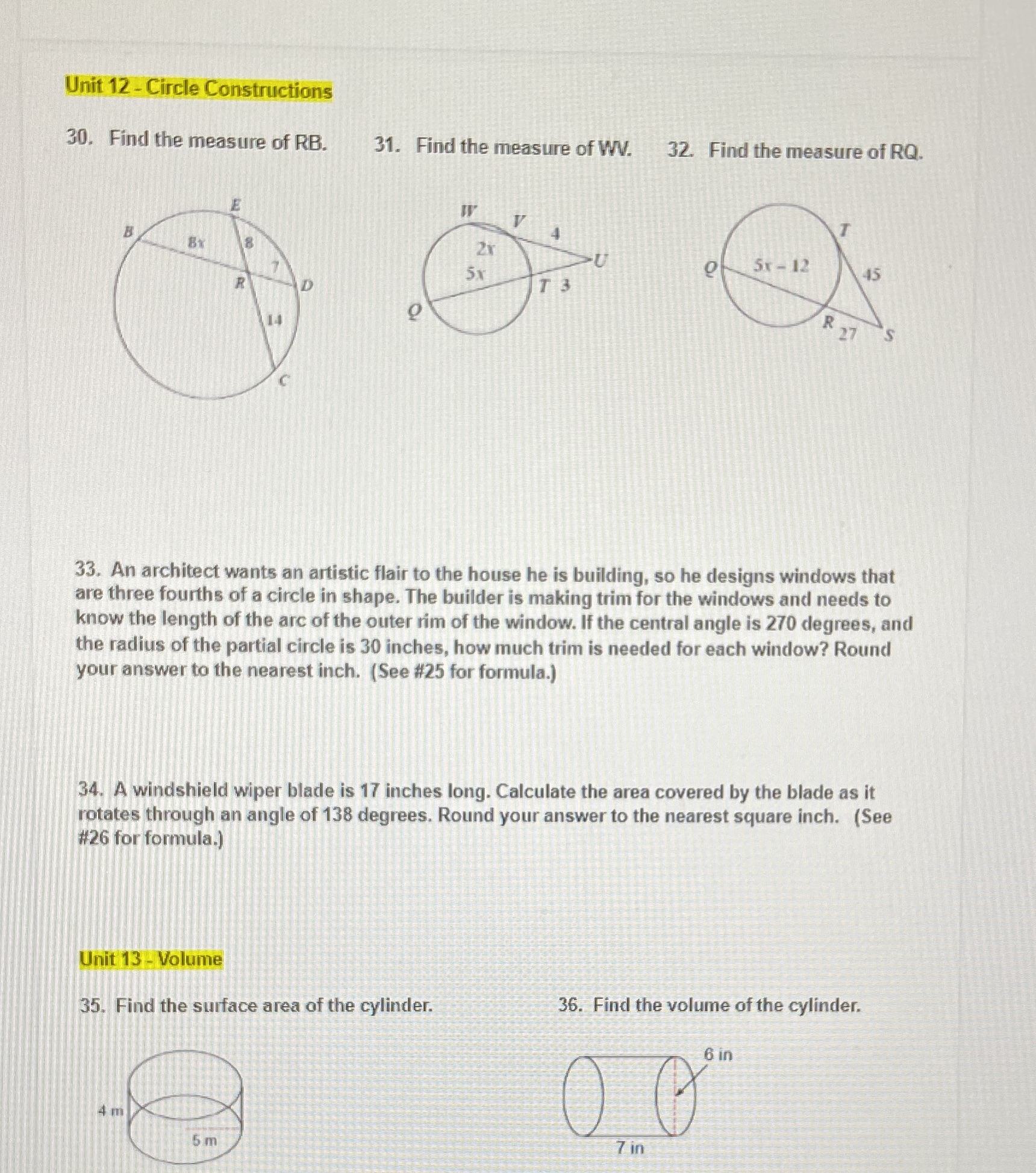 Unit 12 - Circle Constructions 30. Find the