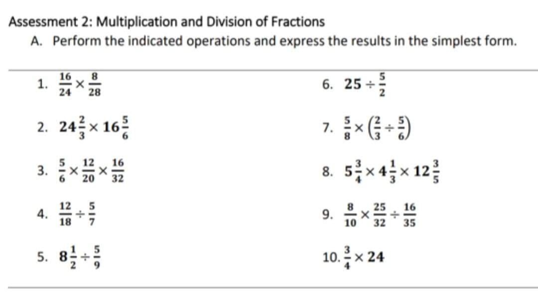 sessment 1: Addition and Subtraction of Fractions