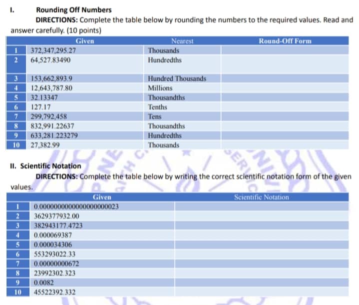 1. Rounding Off Numbers DIRECTIONS: Complete the