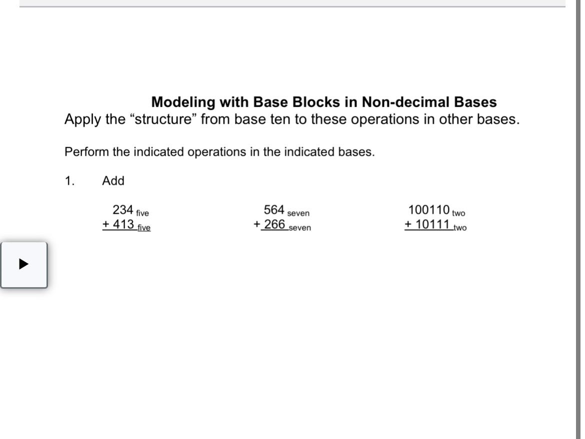 Modeling with Base Blocks in Non-decimal Bases