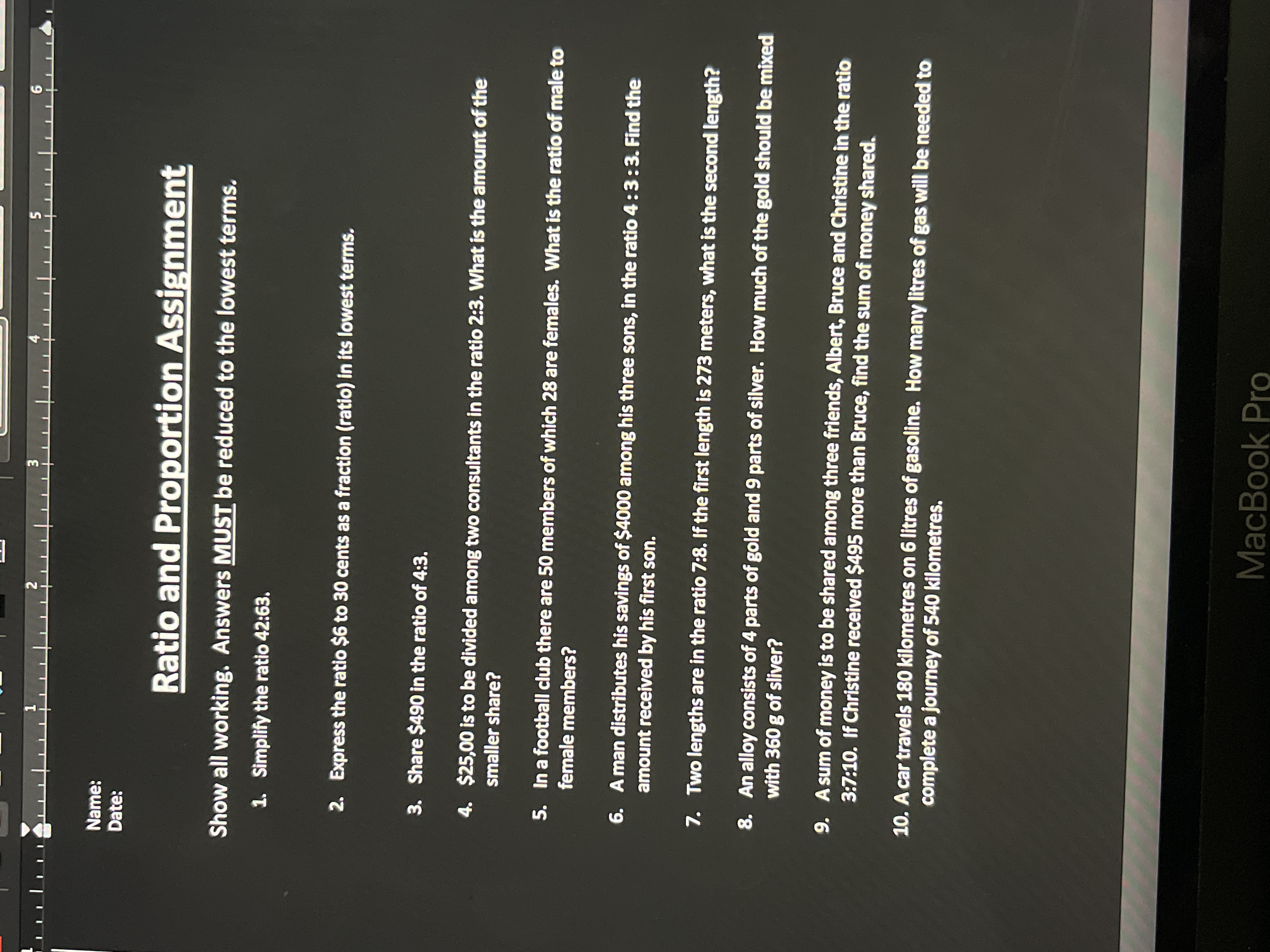 Name: Date: Ratio and Proportion Assignment Show