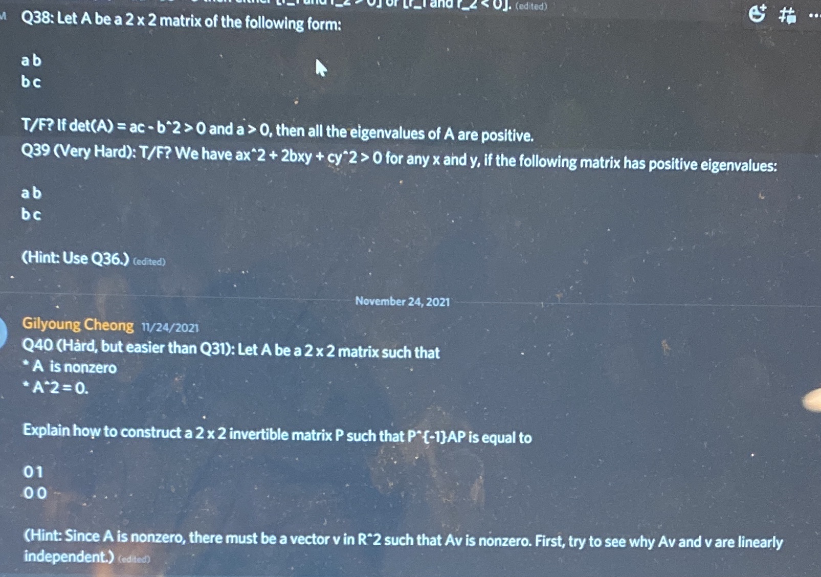 h T/F? If detCA) = ac - b'2 > 0 and a > 0.