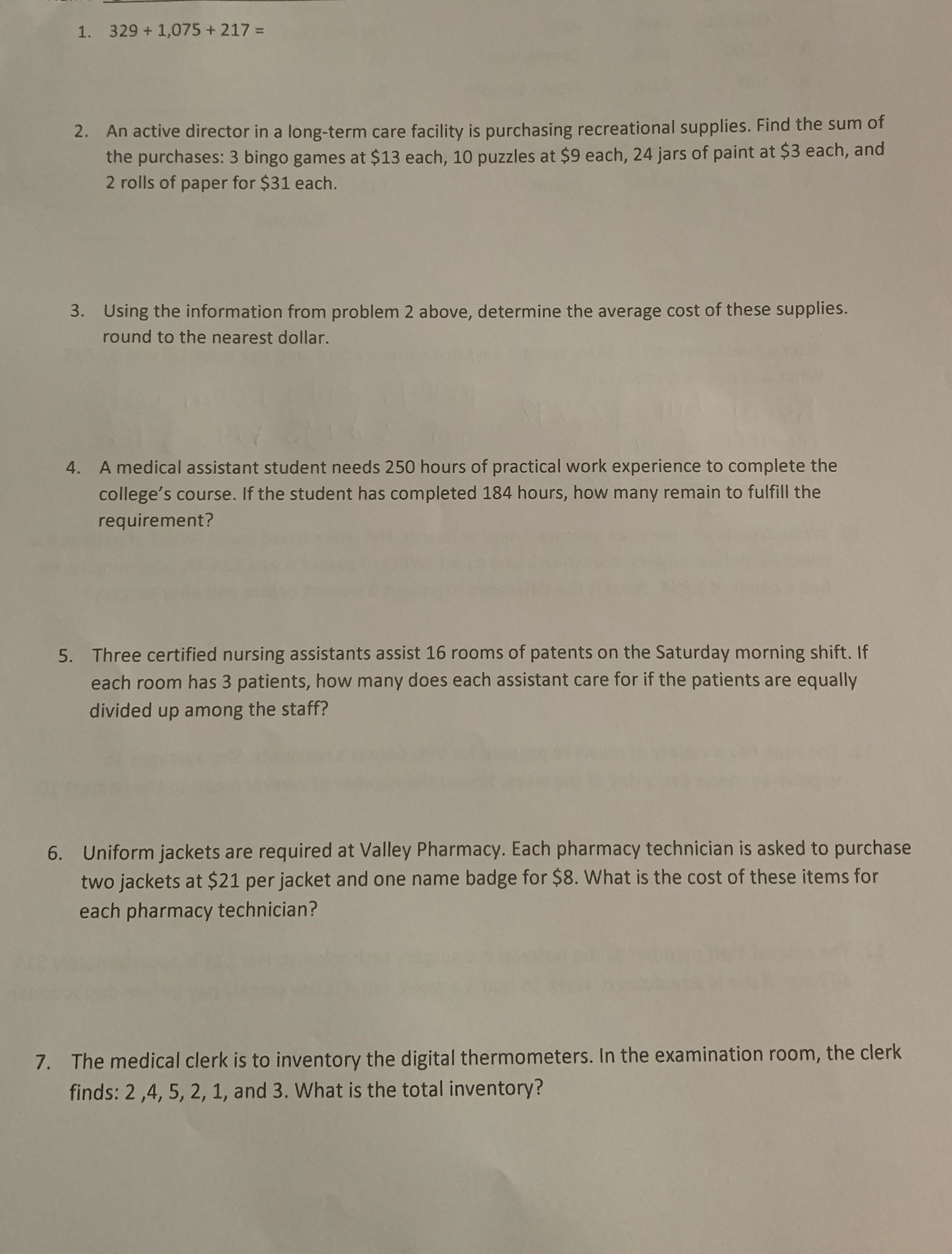 Please help I'm stuck? 1. 329 + 1,075 + 217 = 2.