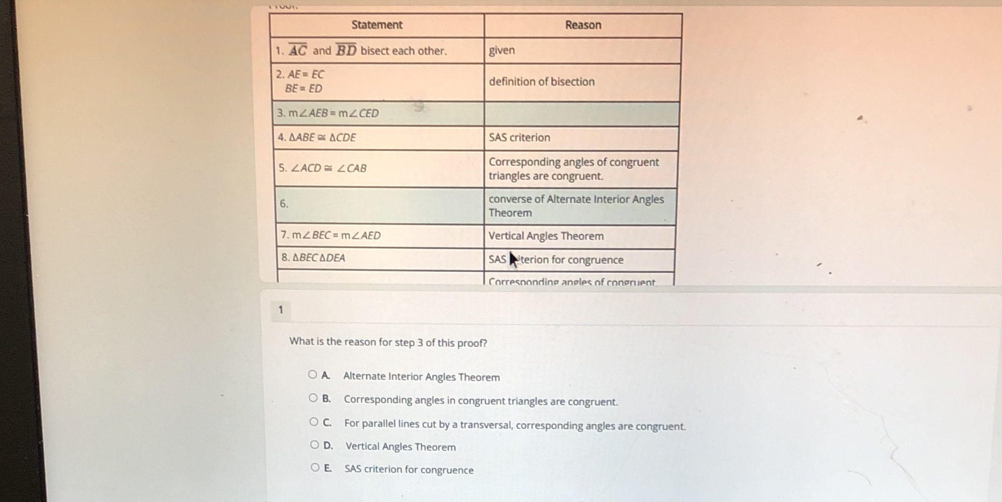 Statement Reason 1. AG and BD bisect each other.