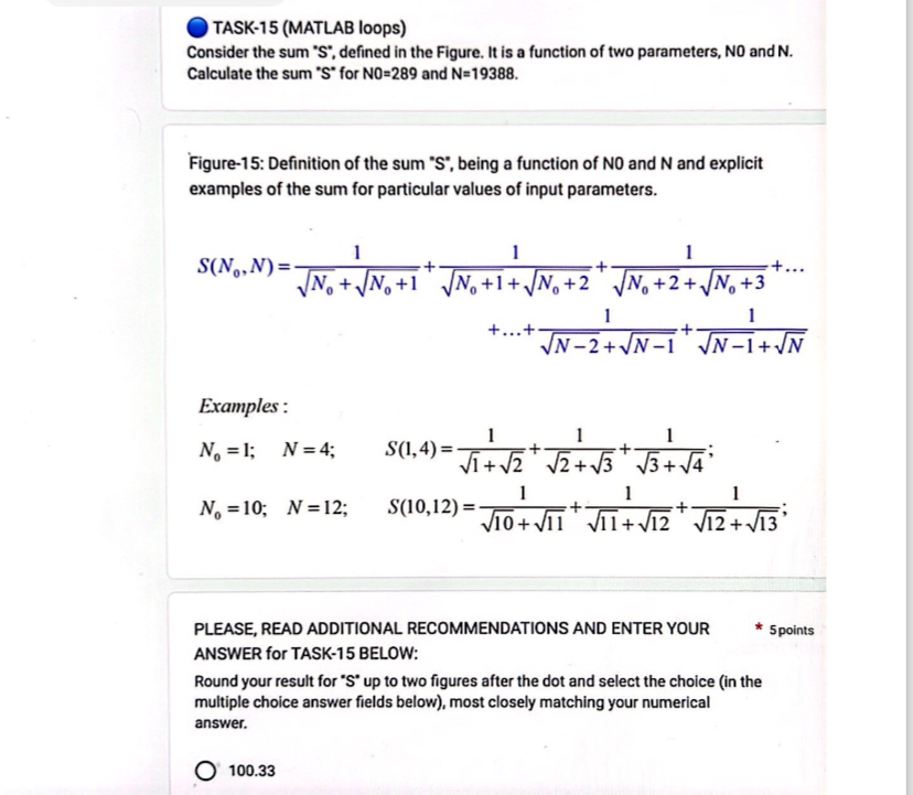 TASK - 1 5 ( MATLAB loops ) Consider the sum ' S