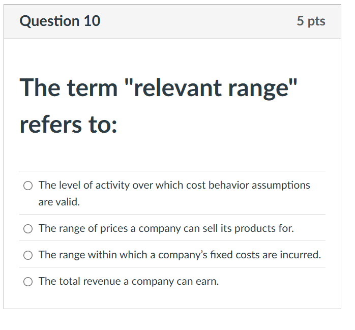 Question 1 0 The term "relevant range" refers to: