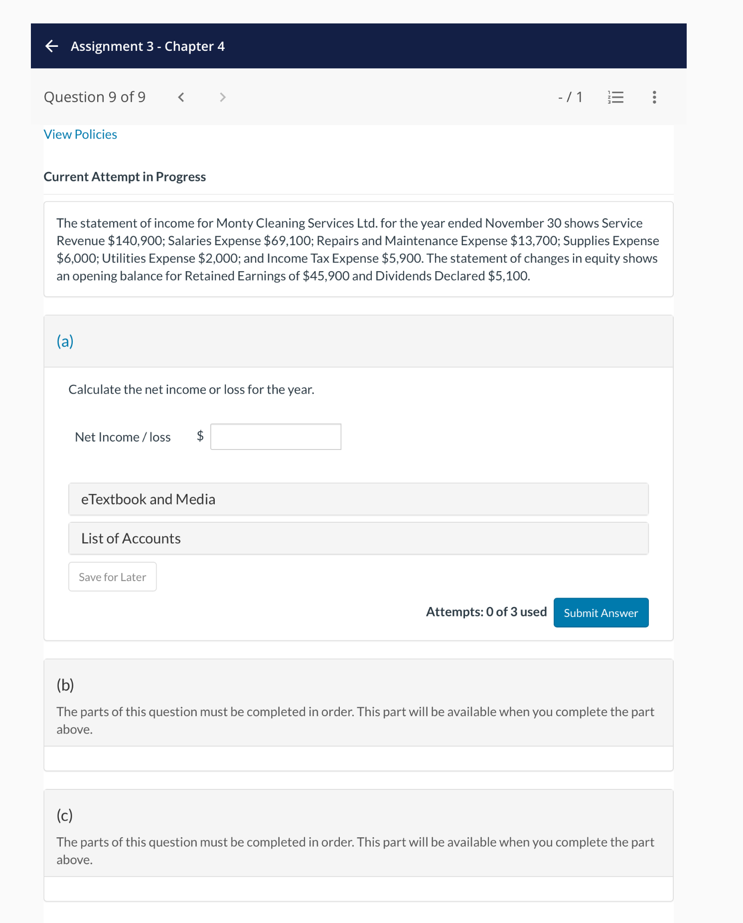 Assignment 3 - Chapter 4 Question 9 of 9 / 1 View