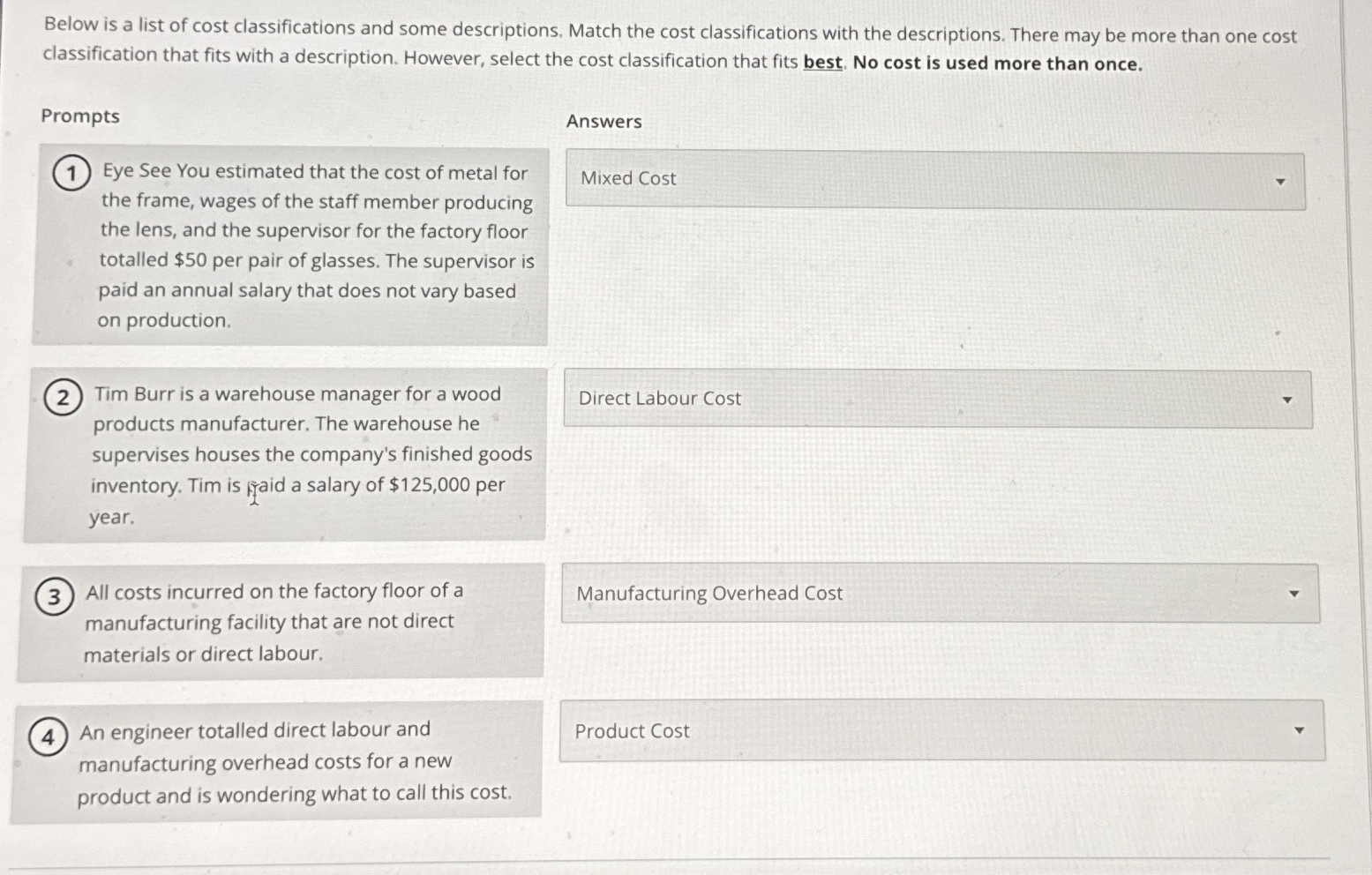 Below is a list of cost classifications and some