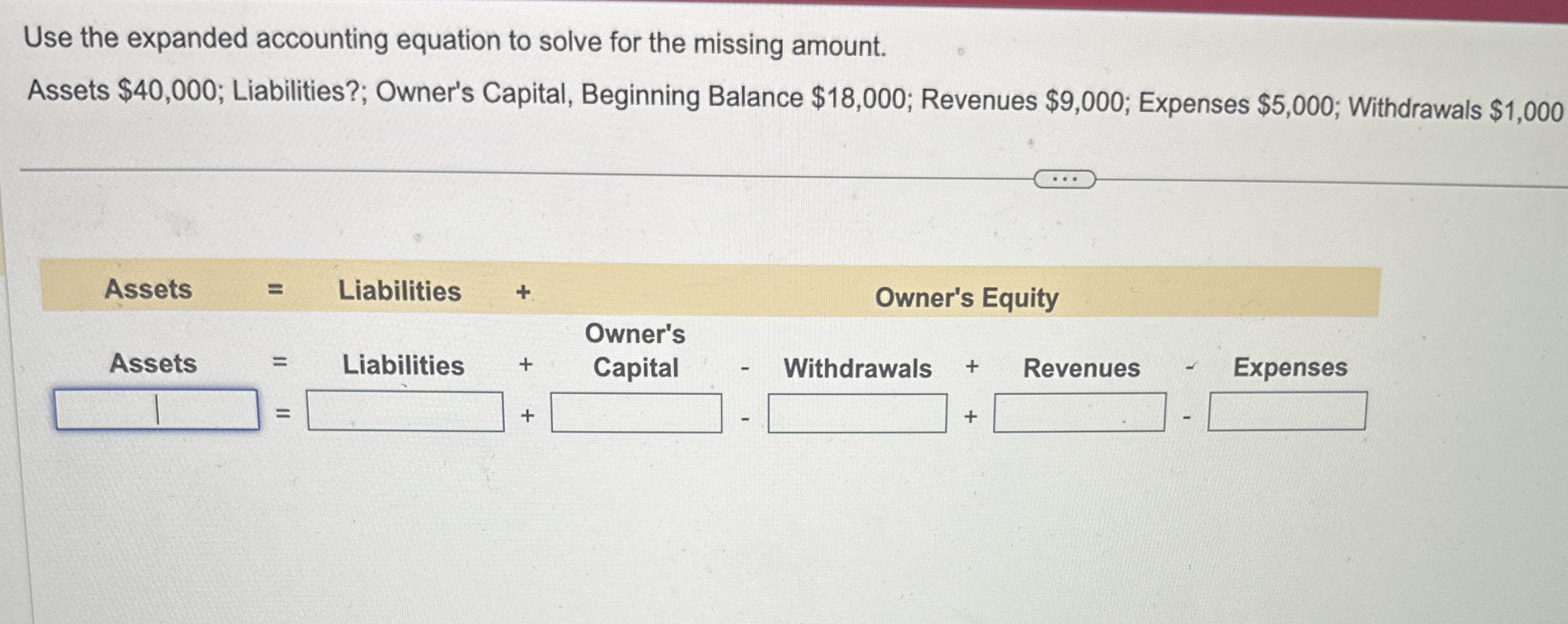 Use the expanded accounting equation to solve for