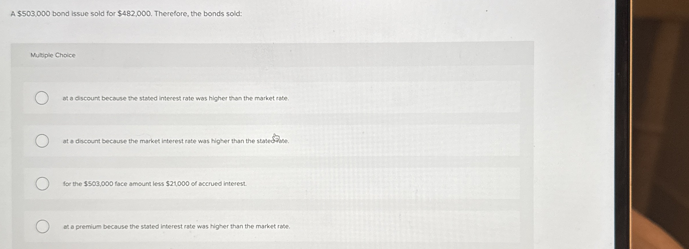 A $ 5 0 3 , 0 0 0 bond issue sold for $ 4 8 2 , 0