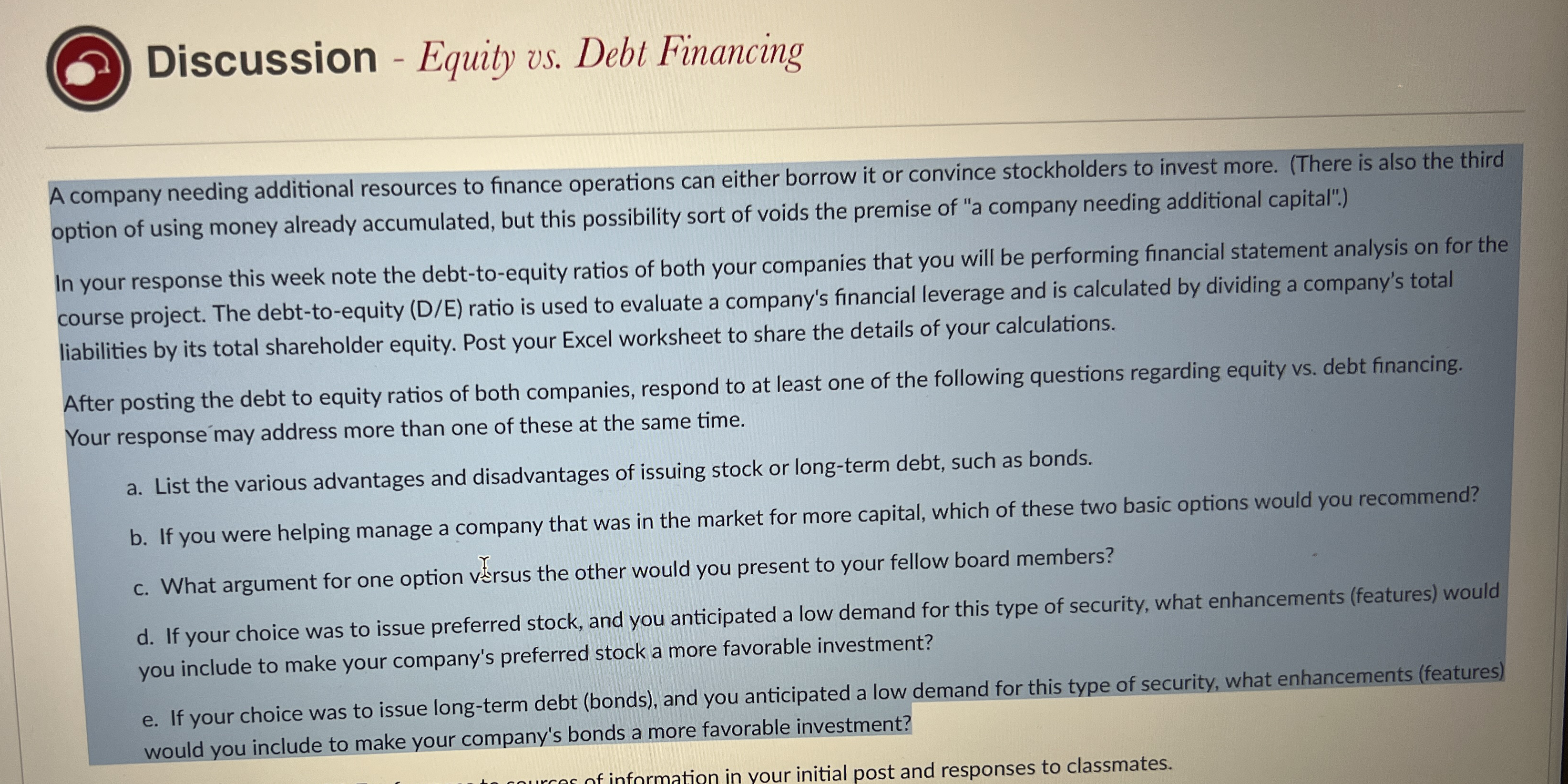 Discussion - Equity vs . Debt Financing Using