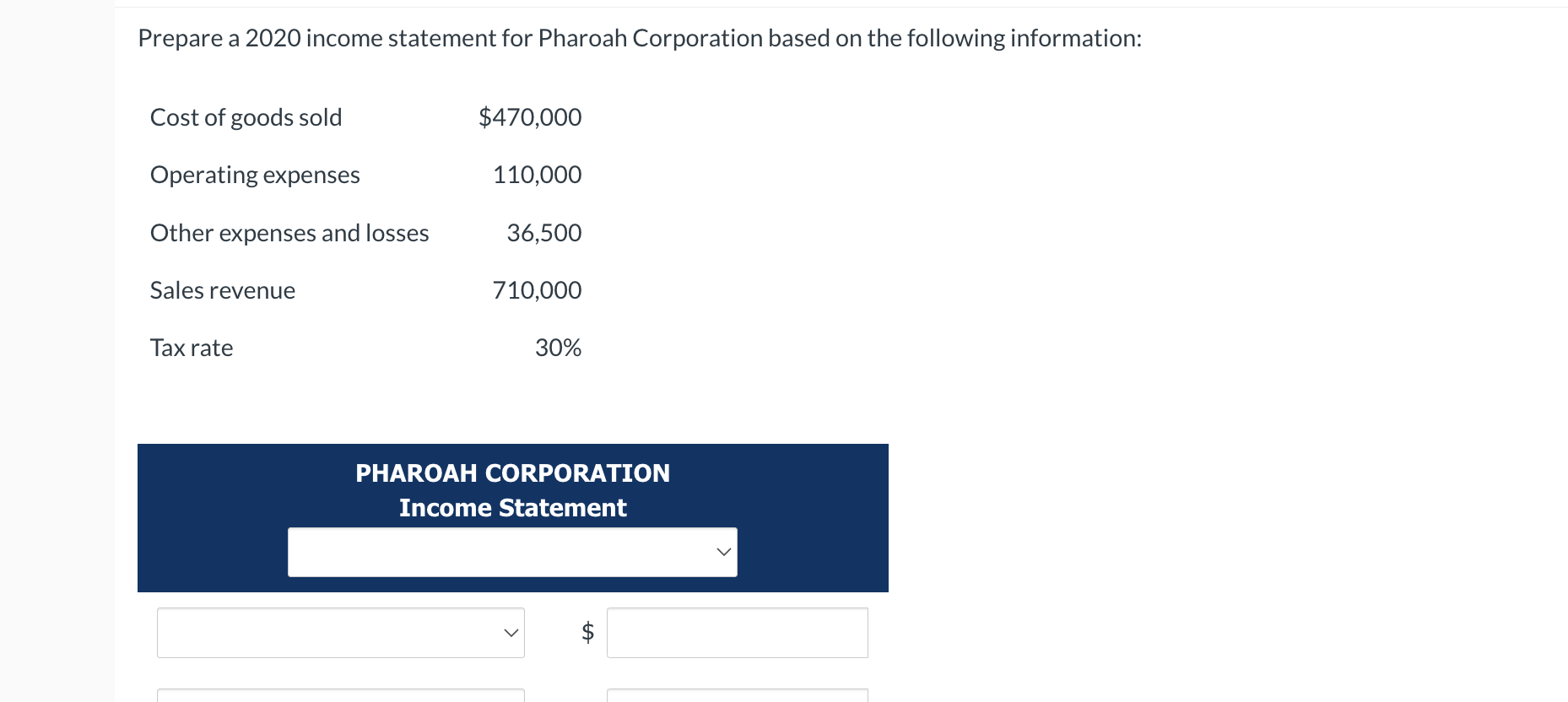 Prepare a 2 0 2 0 income statement for Pharoah