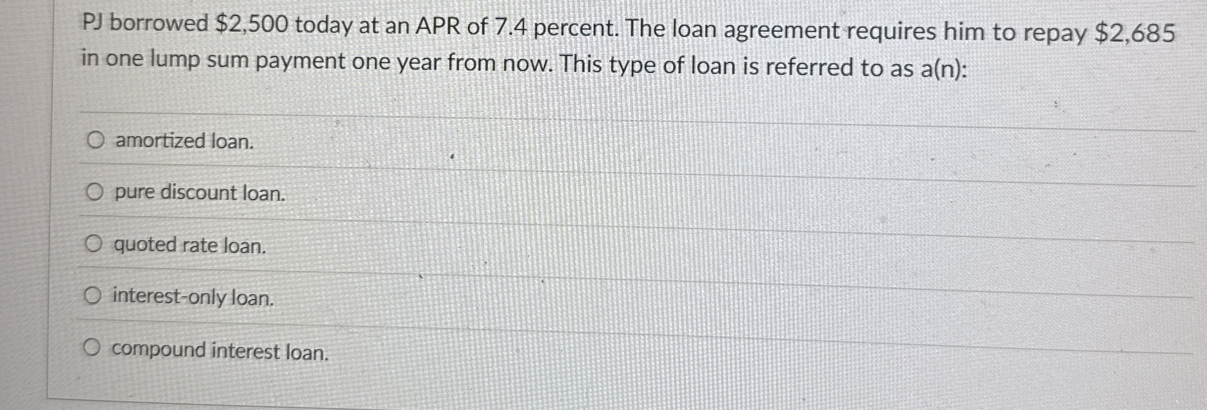 PJ borrowed $ 2 , 5 0 0 today at an APR of 7 . 4