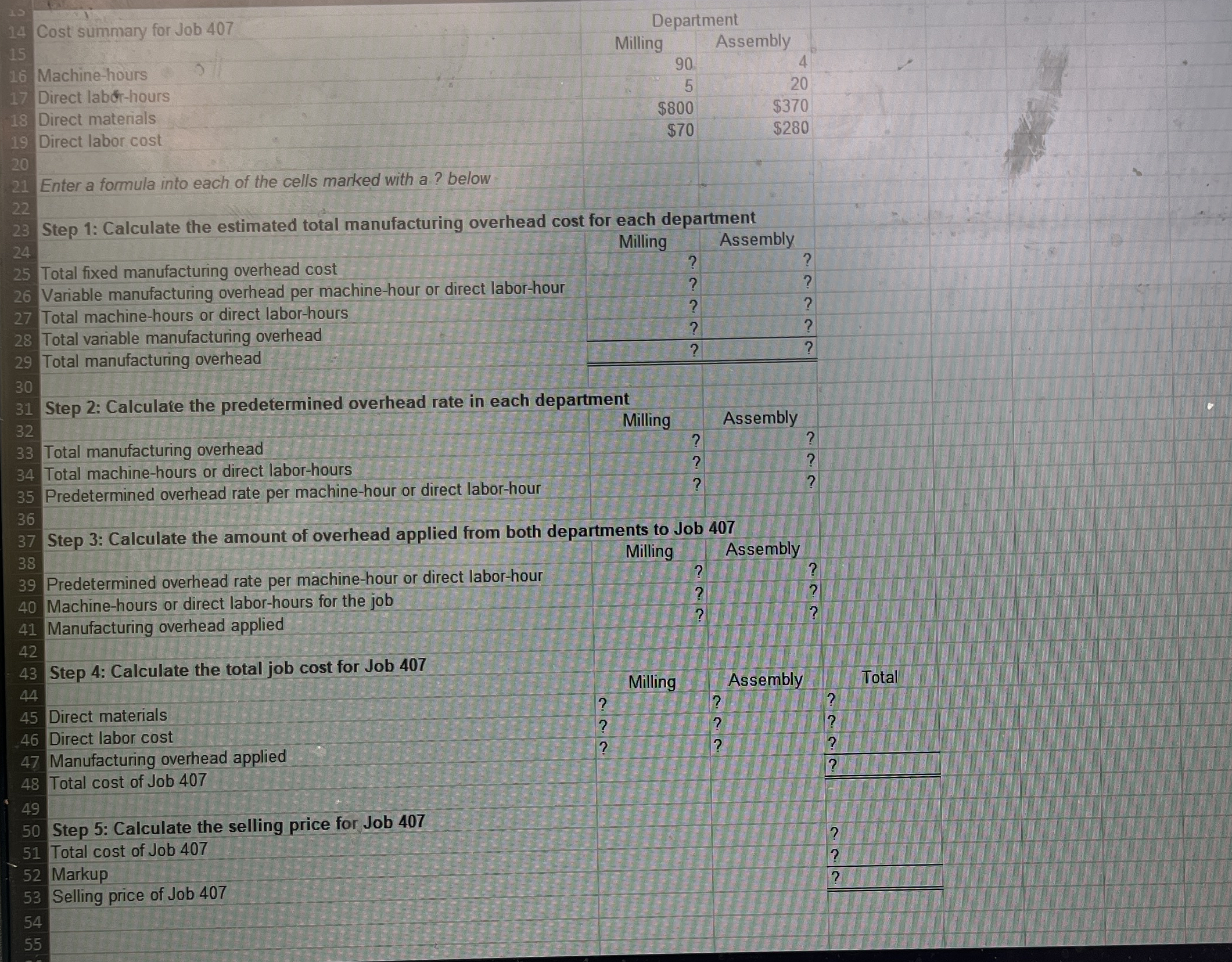Cost summary for Job 4 0 7 Machine - hours Direct