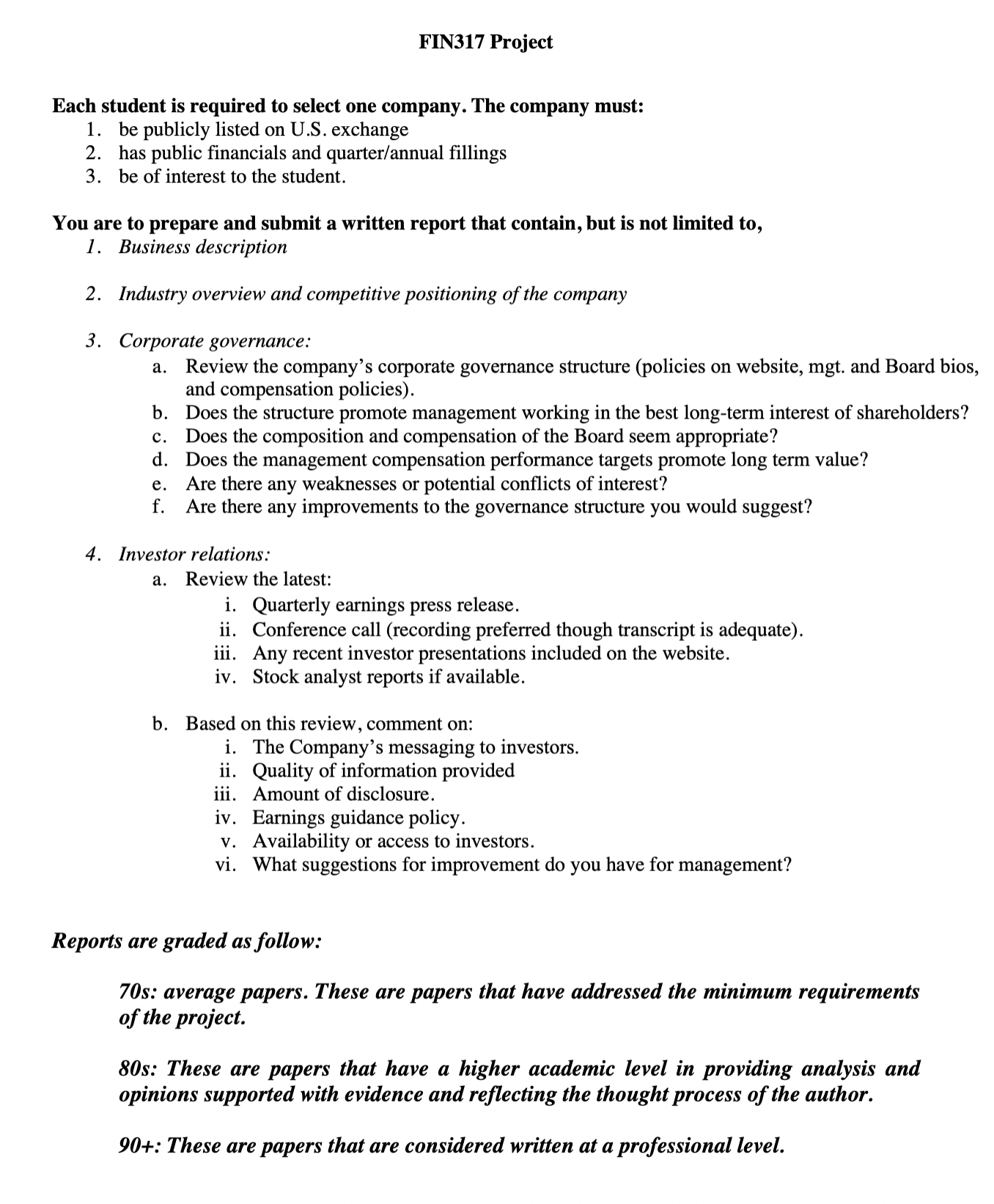 FIN 3 1 7 Project It is to be a written report on