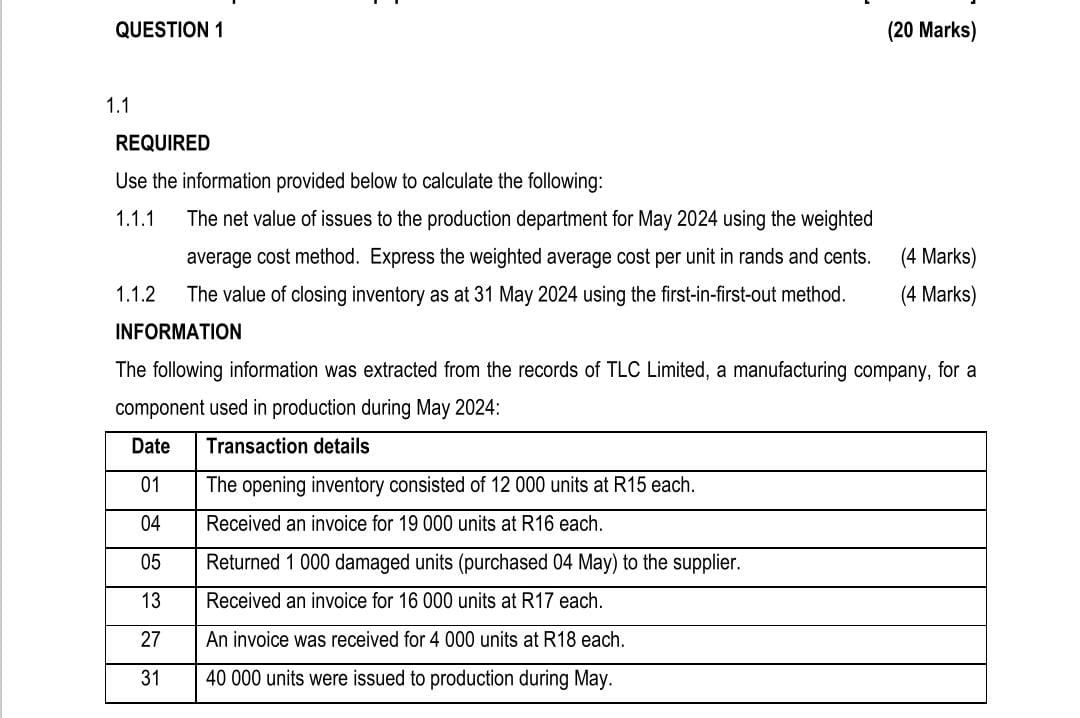 QUESTION 1 ( 2 0 Marks ) 1 . 1 REQUIRED Use the