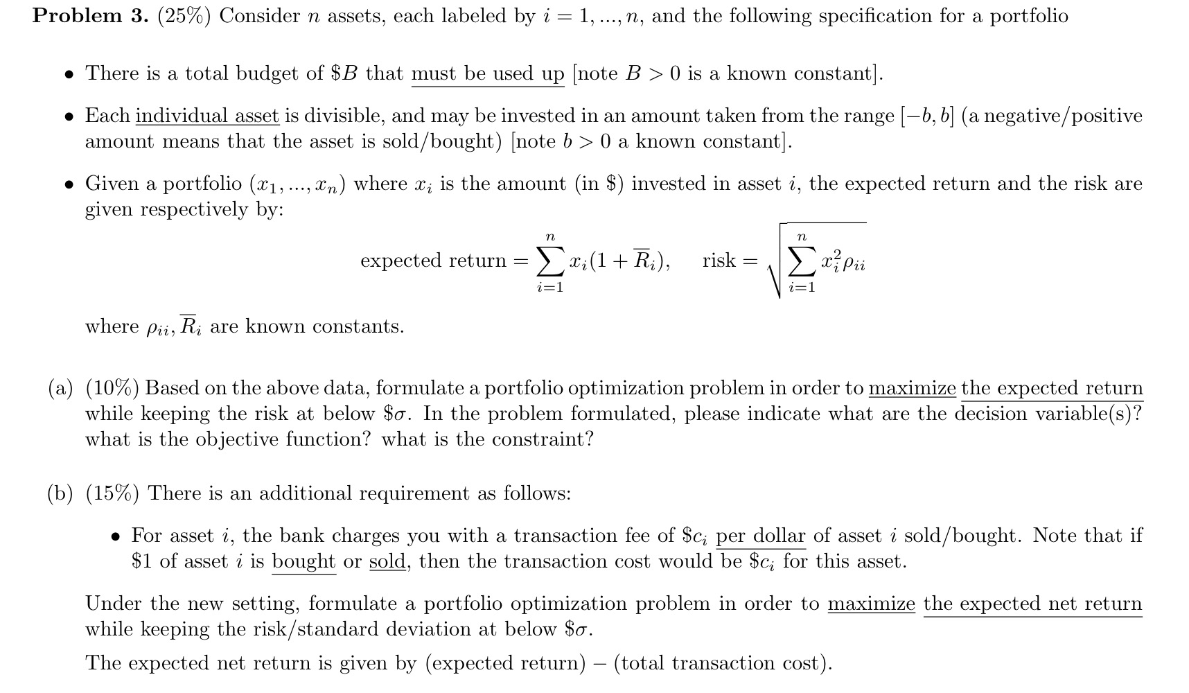 Problem 3 . ( 2 5 % ) Consider n assets, each