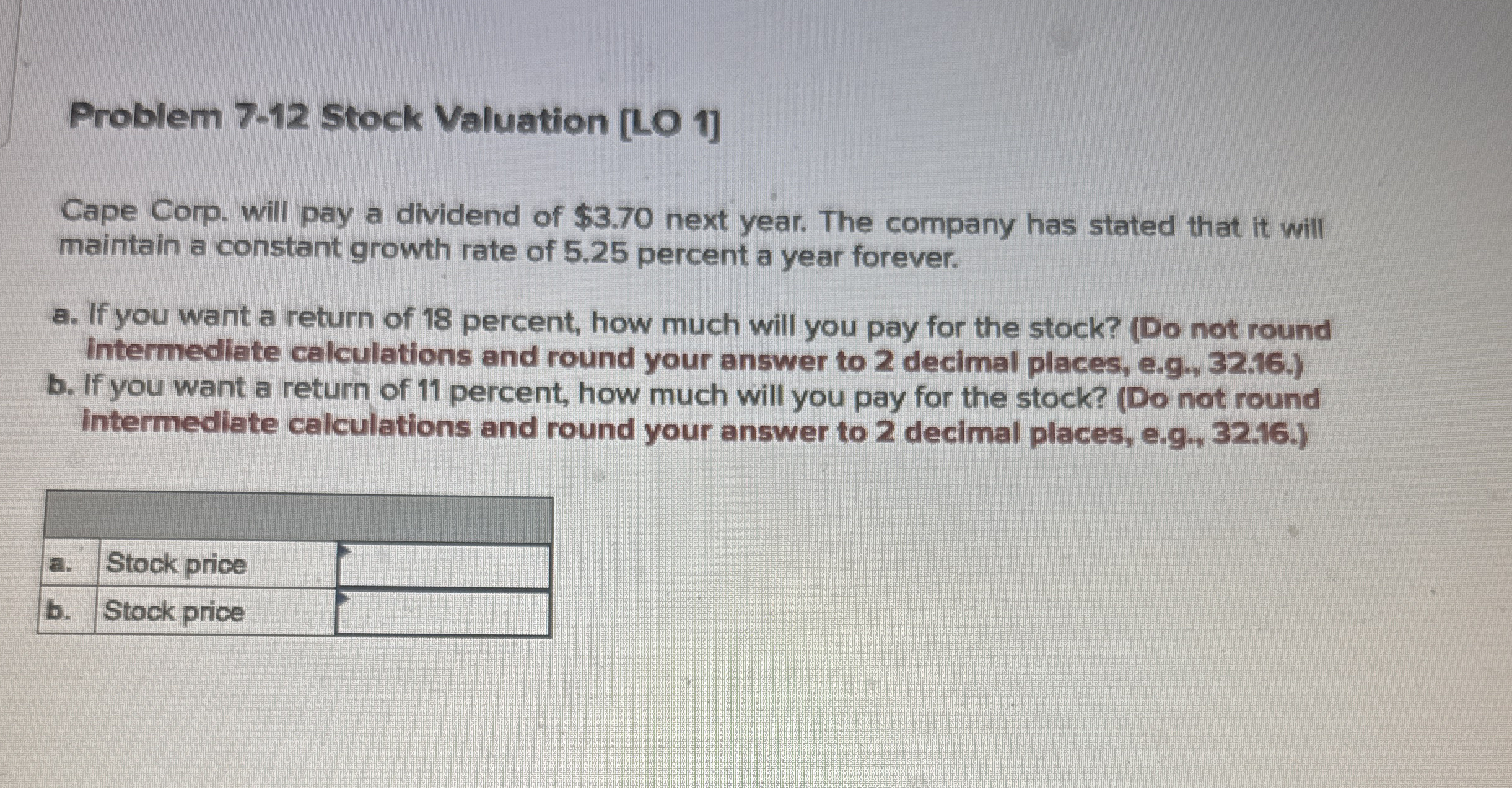 Problem 7 - 1 2 Stock Valuation [ LO 1 ] Cape