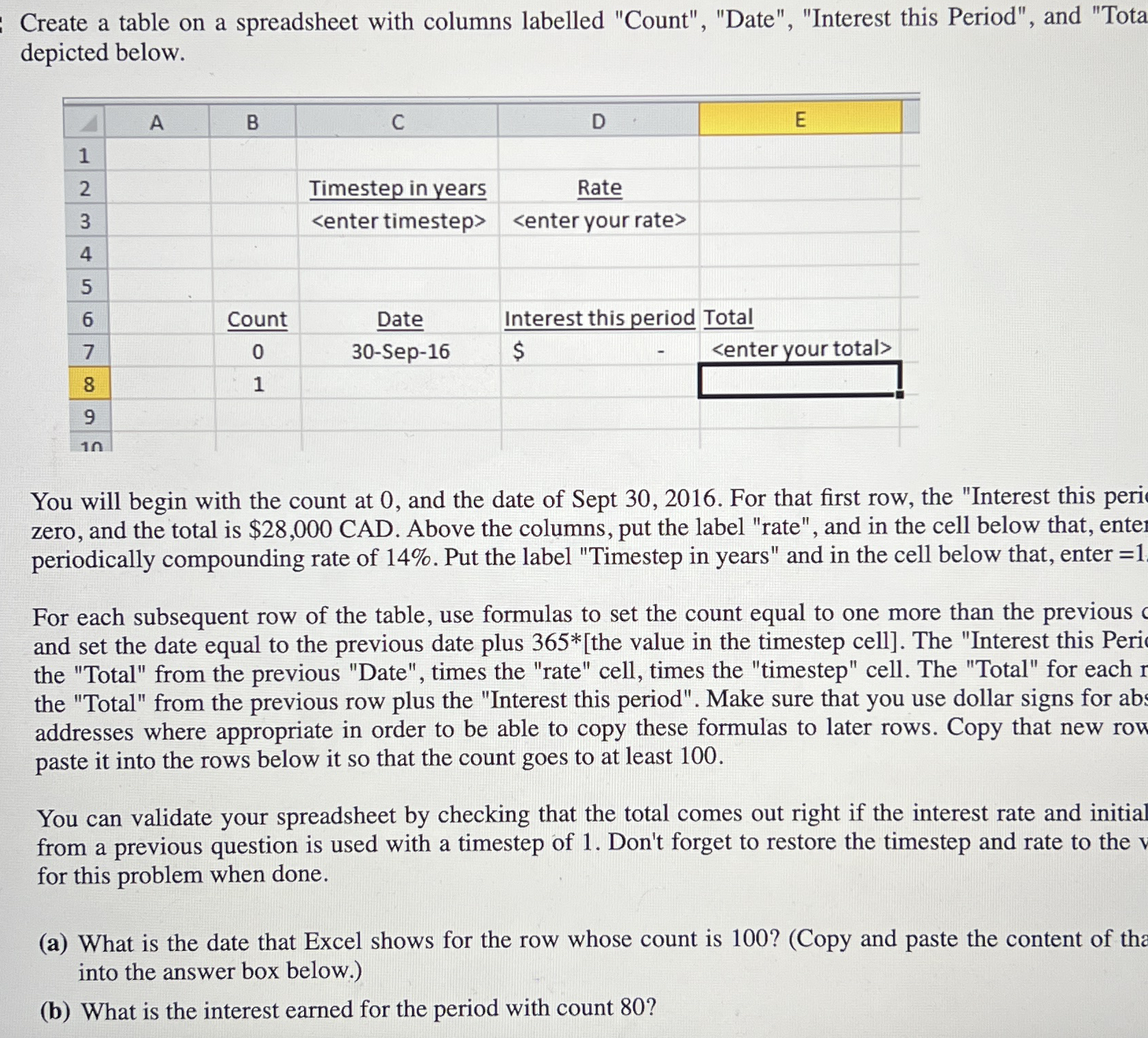 Create a table on a spreadsheet with columns