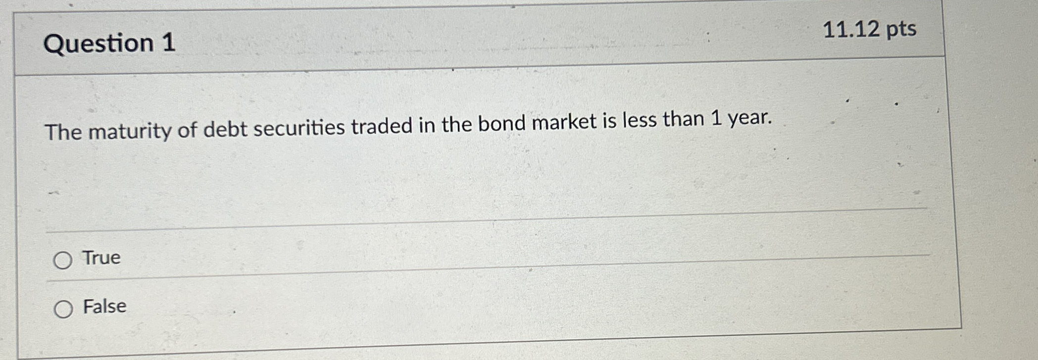 Question 1 1 1 . 1 2 pts The maturity of debt