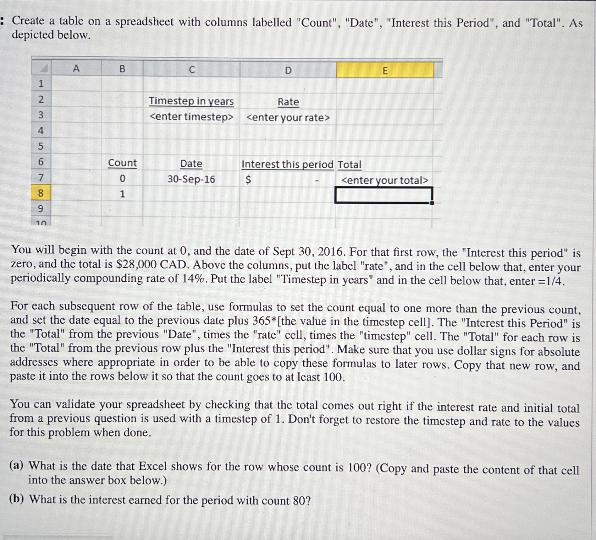 : Create a table on a spreadsheet with columns