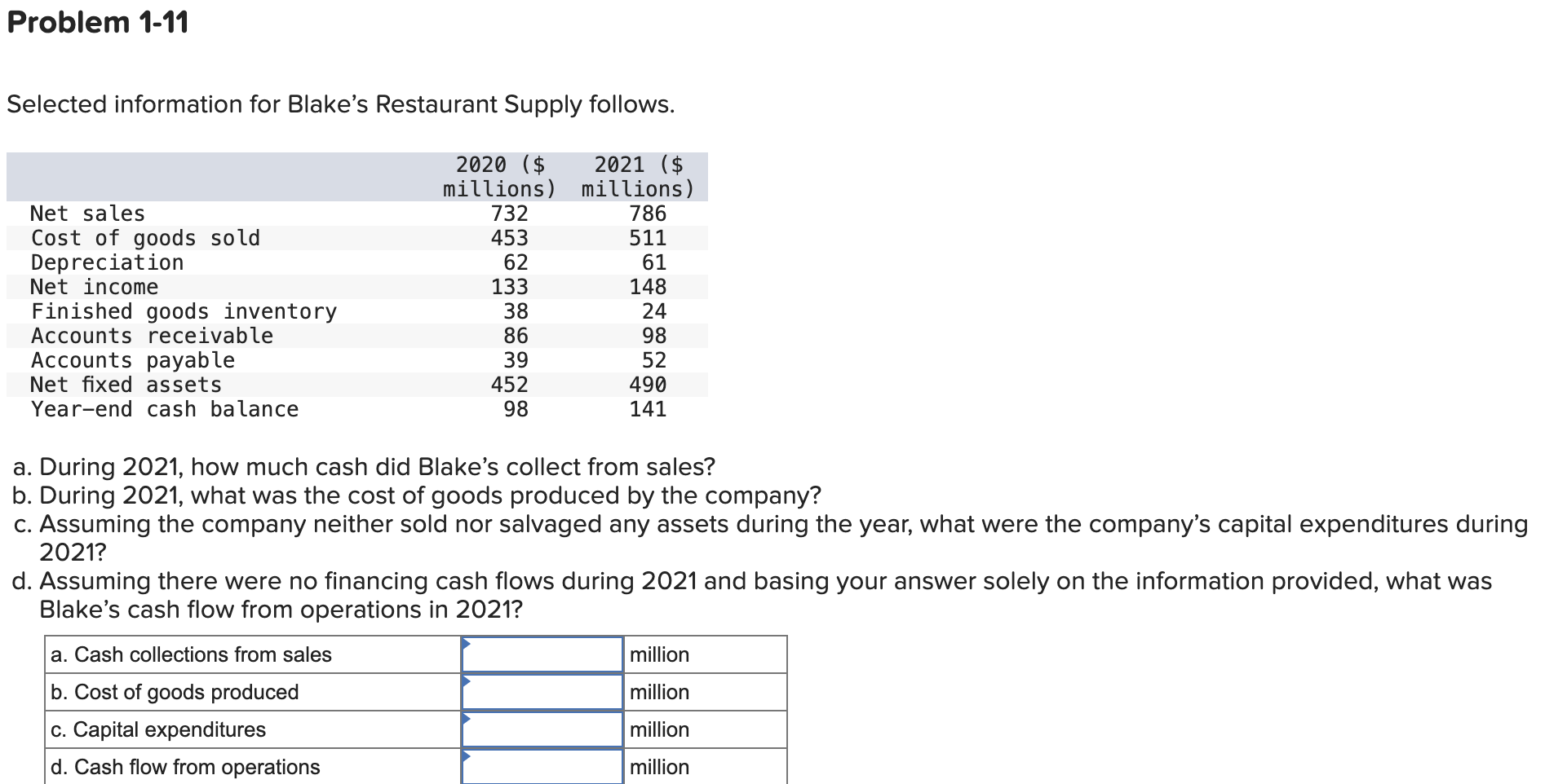 Problem 1 - 1 1 Selected information for Blake's