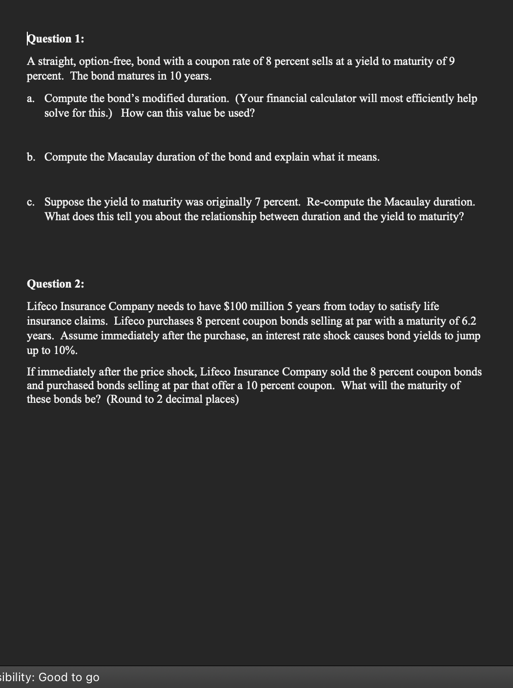 Question 1 : A straight, option - free, bond with