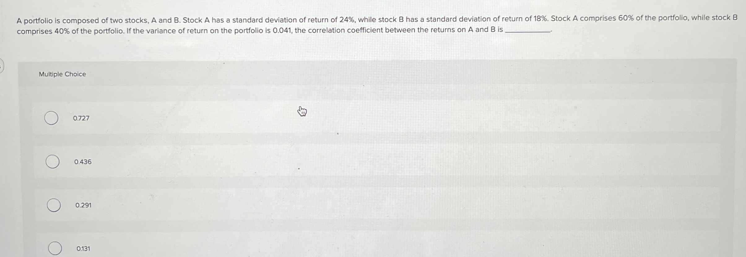 comprises 4 0 % of the portfolio. If the variance