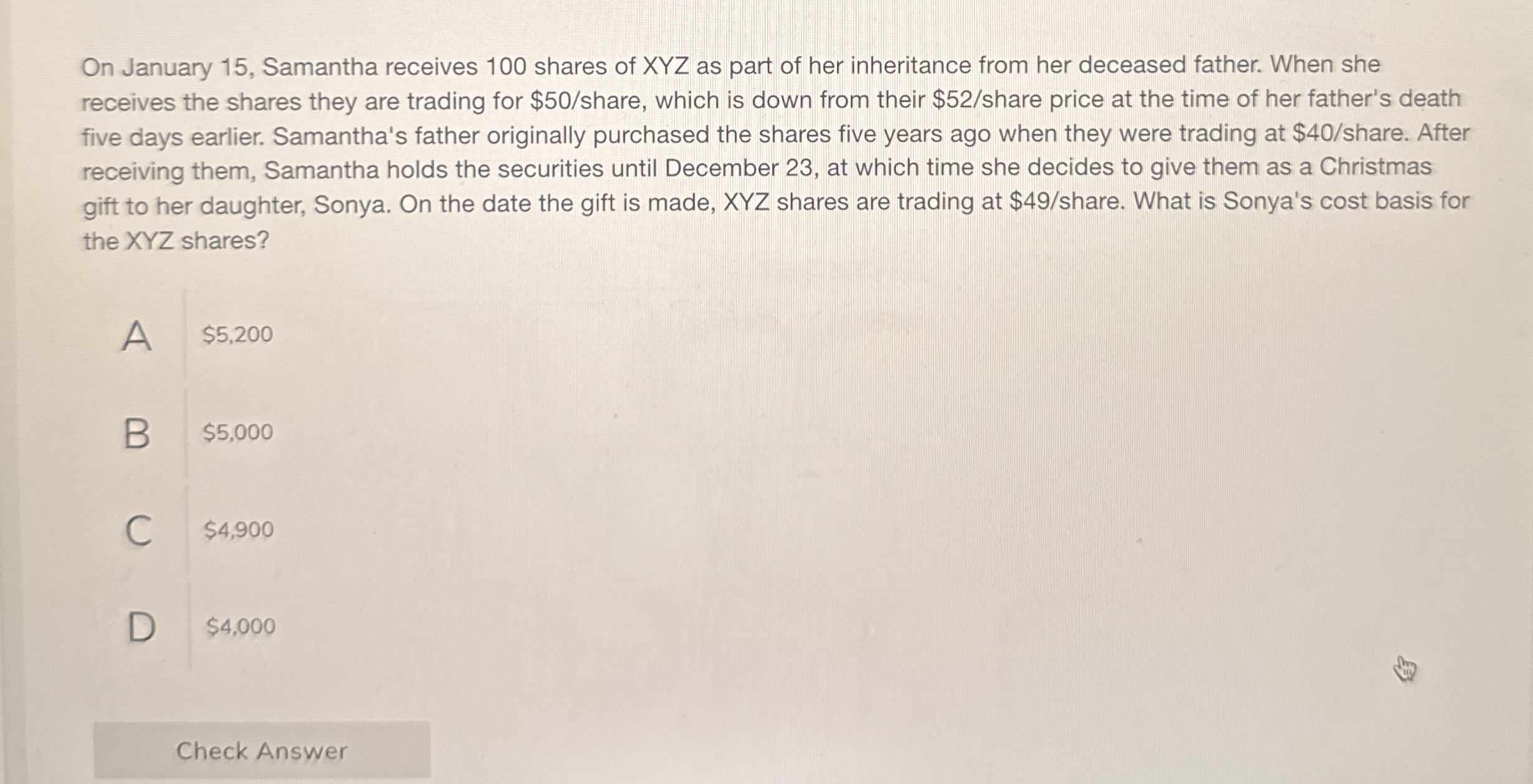 On January 1 5 , Samantha receives 1 0 0 shares