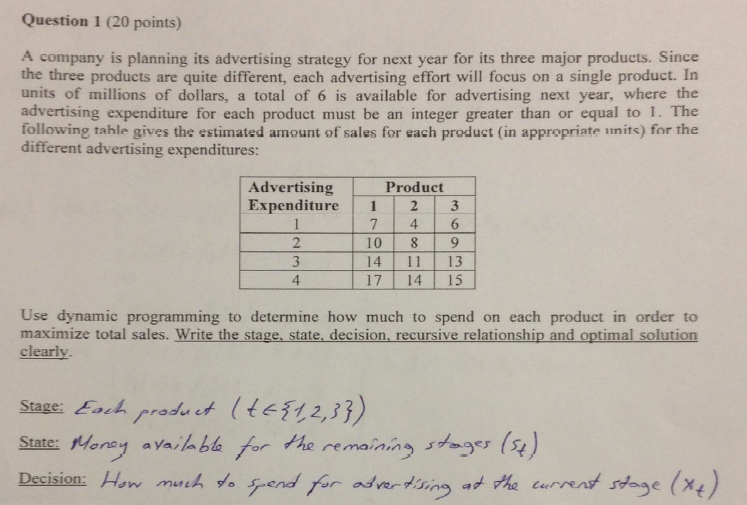 Question 1 ( 2 0 points ) A company is planning