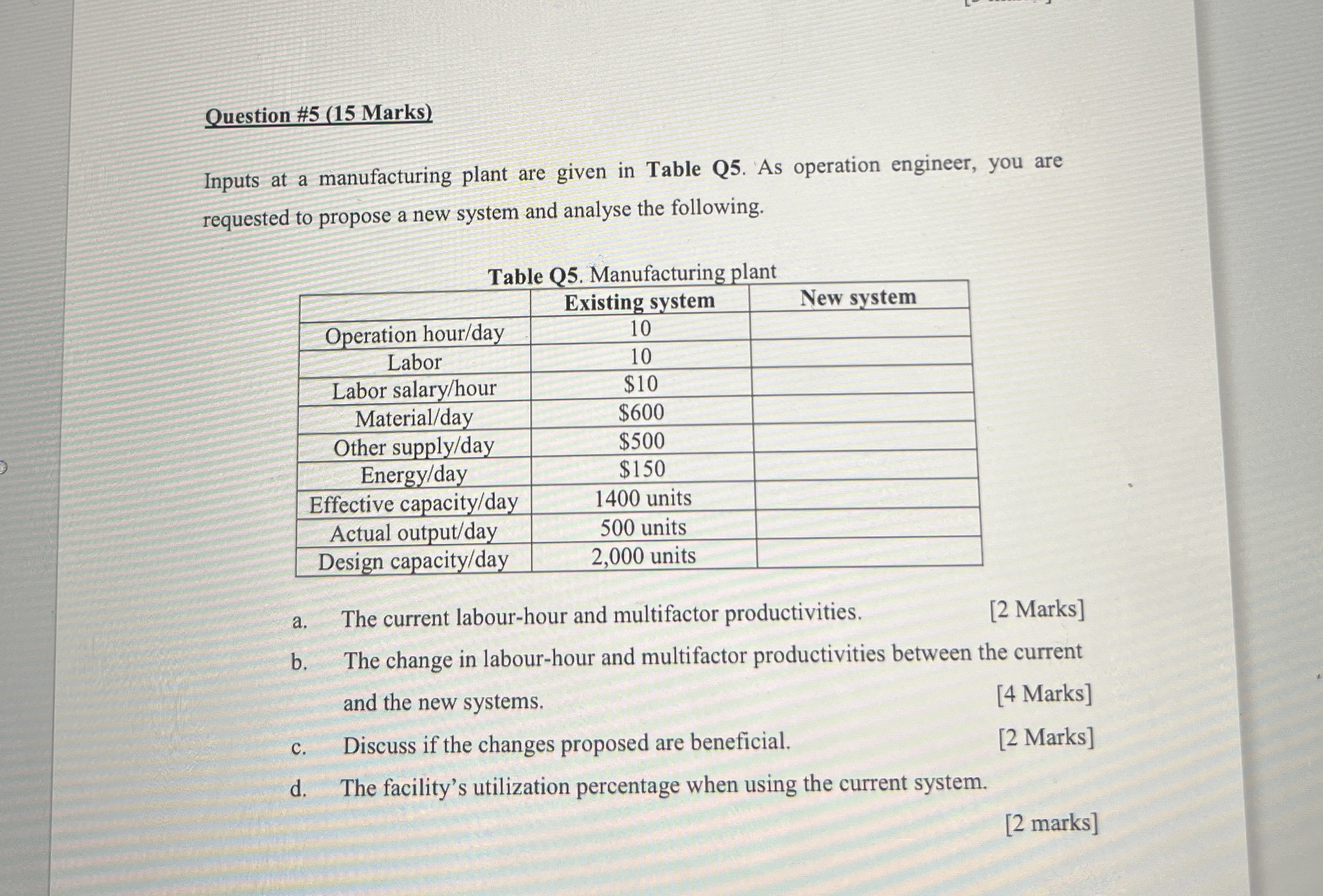 Question # 5 ( 1 5 Marks ) Inputs at a