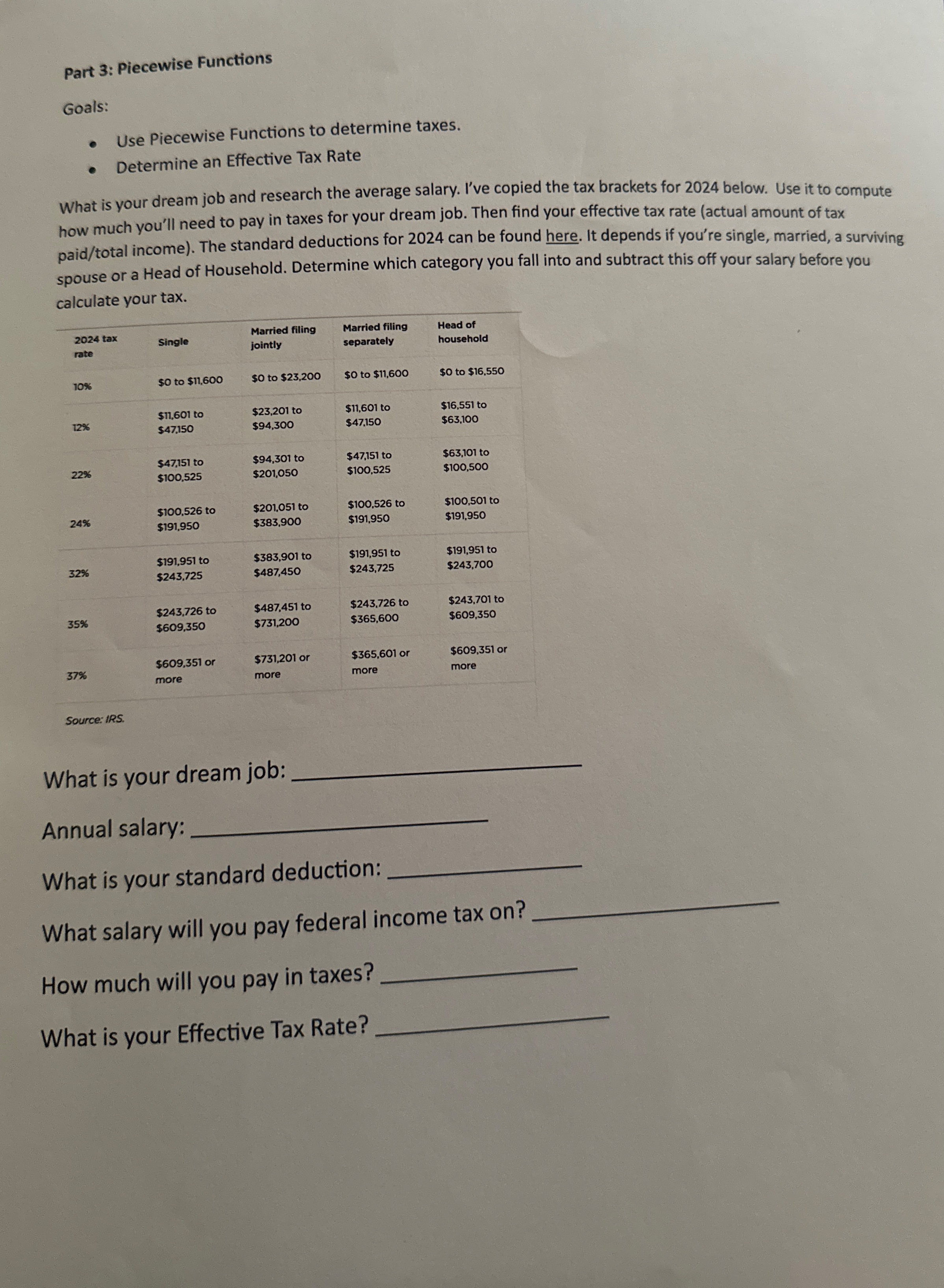 - use piecewise function to determije taxes -