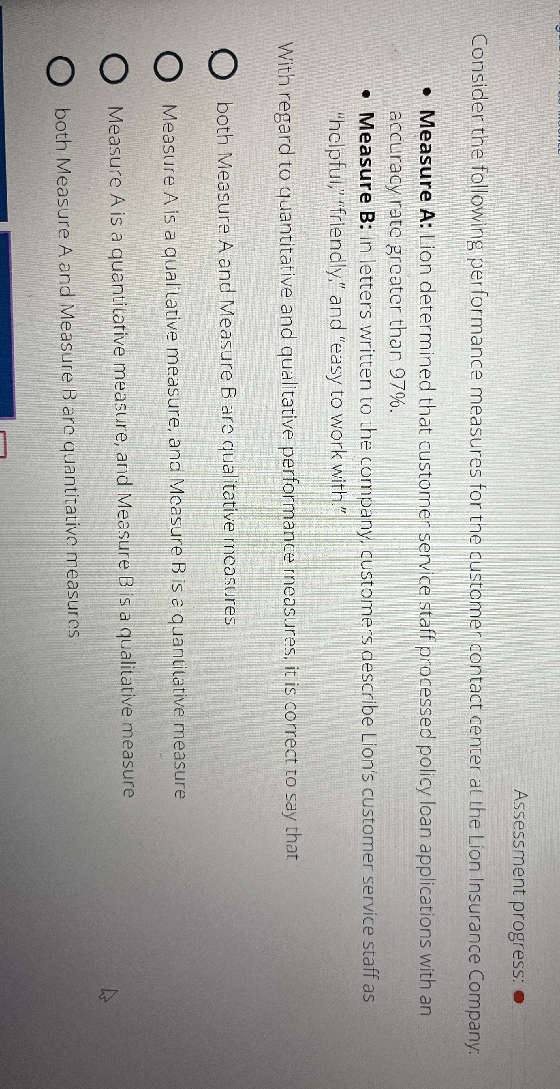 Assessment progress: Consider the following