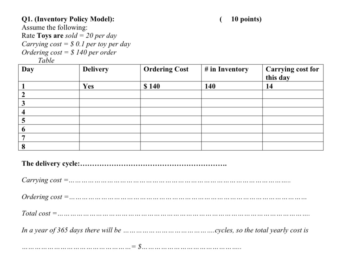 Q 1 . ( Inventory Policy Model ) : Assume the