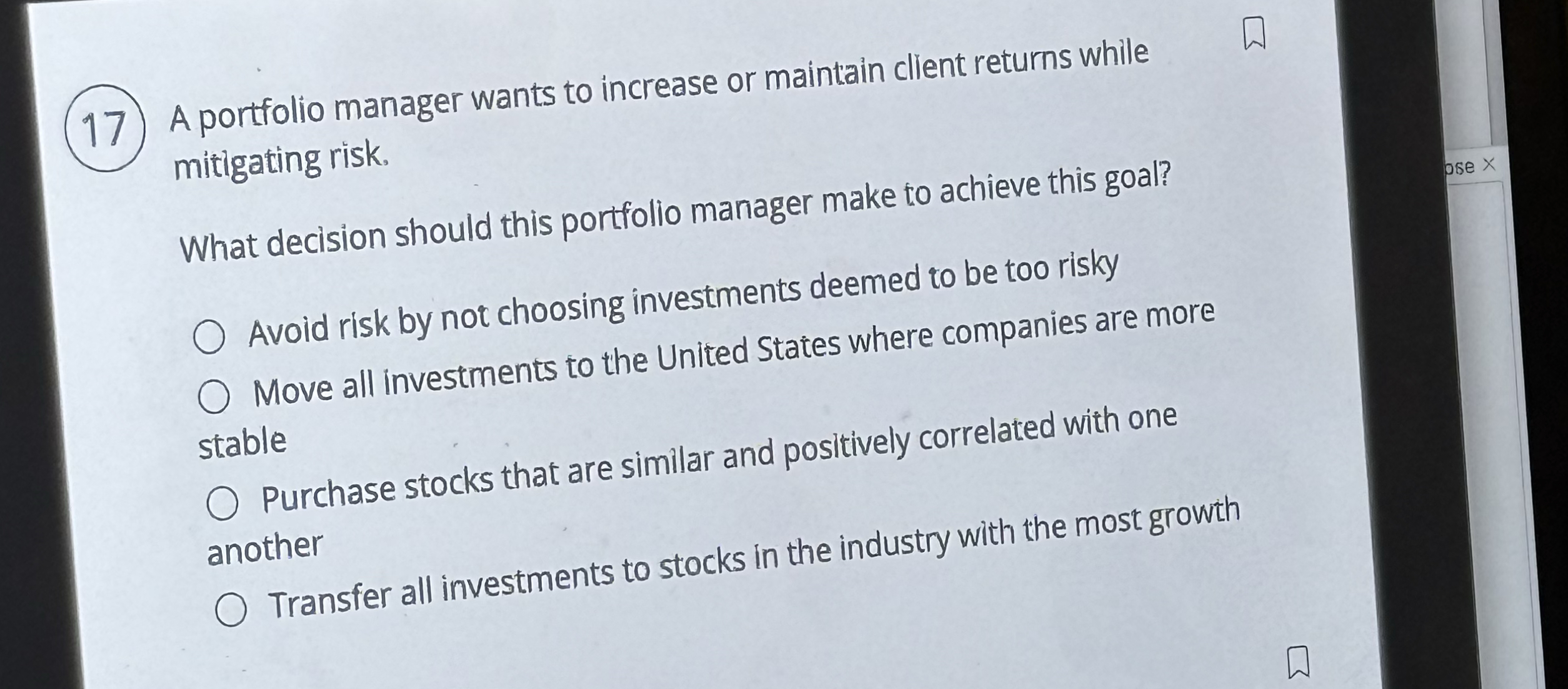 ( 1 7 ) A portfolio manager wants to increase or