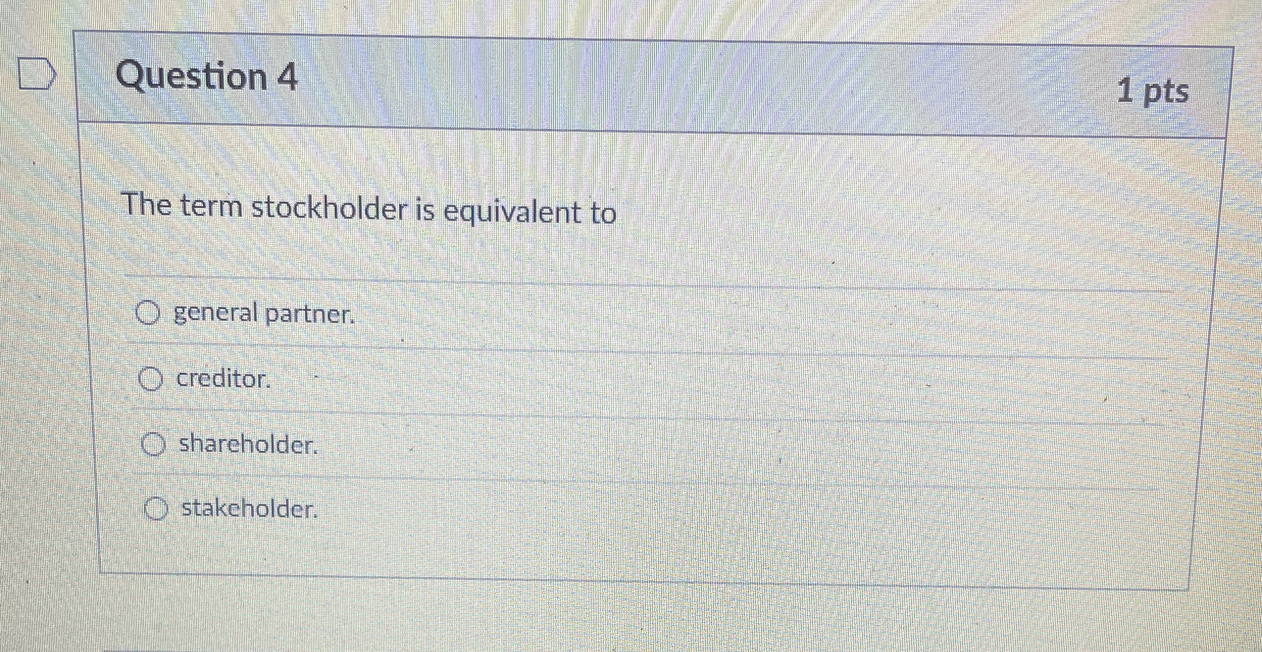 Question 4 1 pts The term stockholder is